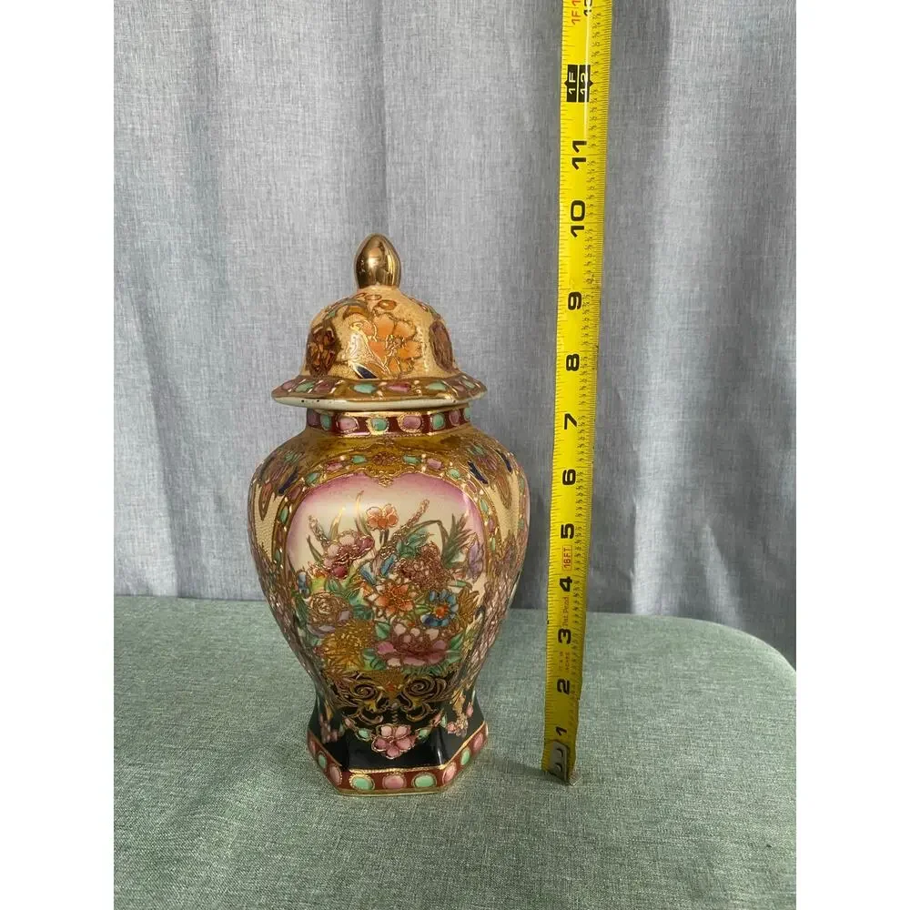 Vintage Satsuma Style Hexagonal Temple Jar Lidded Urn Floral Moriage Gold Gilt